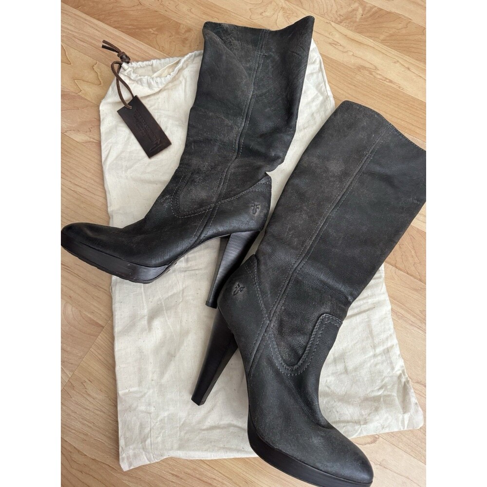 Frye Harlow Campus Dark Gray Leather Heeled Boots Women’s Size 8M 77343